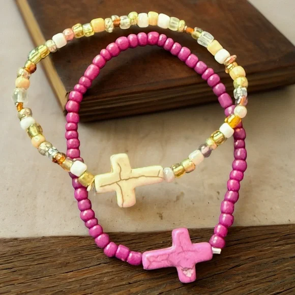 Hand Crafted Pink and Cream Beaded Cross Bracelets - Picture 4 of 6